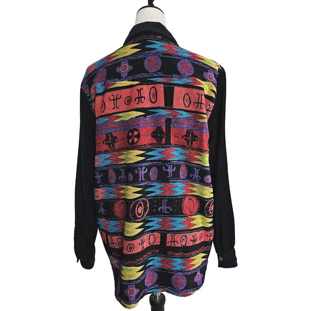 Vintage Chico's Design Medium Black and Tribal Eclectic Print Chenille Zip Up - Picture 3 of 5